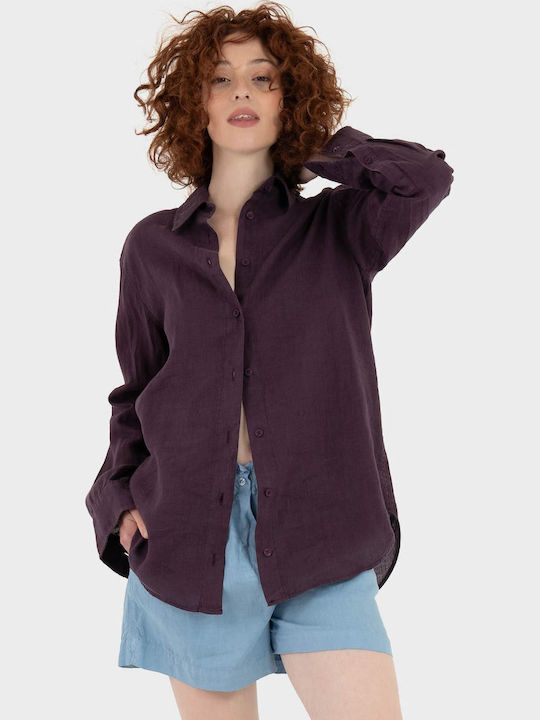 Long Sleeve Women's Linen Shirt Dark Red