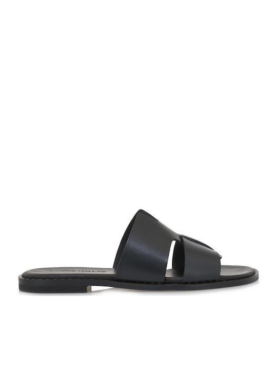 Leder Flache Sandalen Für Damen Schwarz