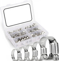 Set 34 Cleme Metalice Pentru Furtunuri Zola 6 Mărimi 16-32 Mm Cutie De Depozitare Argintii