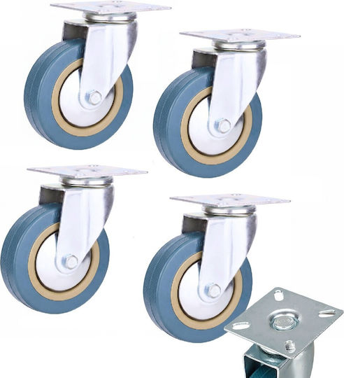 Set 4 Roți Rotative Placă Zola 100 X 25 Mm Cărucioare Mobilier 360° Rotire Silentioase Cauciuc Tehnic Oțel Galvanizat Albastru
