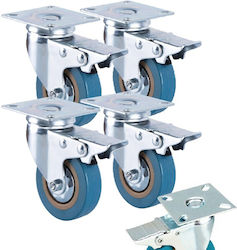 Set 4 Roți Rotative Cu Frână Placă 75 X 20 Mm Zola Cărucioare Mobilier 360° Rotație Silențioasă Cauciuc Tehnic Oțel Galvanizat Albastru