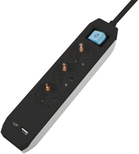 Prelungitor Spacer Schuko x 3 Type-C x 1 USB x 1 3.1A Cablu 1.8m 16A Max 3500W Protecție Copii Comutator Negru