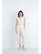Women's High Rise Fabric Trousers in Mom Fit Beige