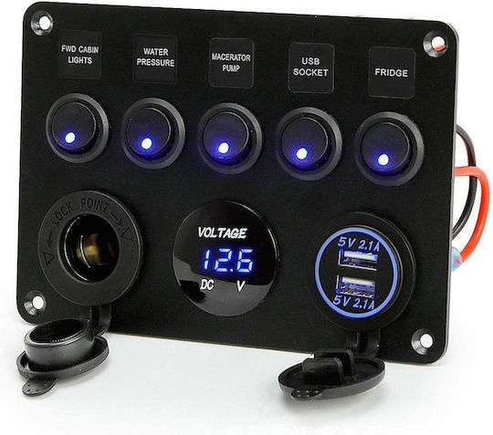 Sundiguer Panou Comutator Auto 12v 24v 5 Comutatoare Led Comutatoare Duble Usb 2.1a Priză Brichetă Voltmetru Digital Ip66 Rezistent La Apă Carcasă Din Aluminiu Universal Auto Utv Rv