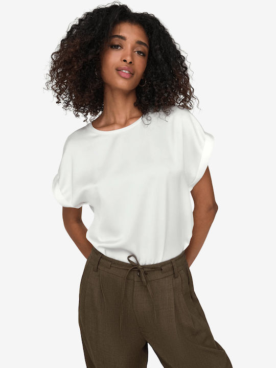 Only Women's Satin Short Sleeve Blouse White