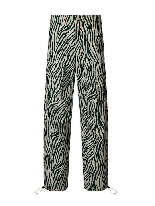 Save The Duck Women's High Waist Fabric Pantaloons Straight Leopard Grey-Green Save The Duck Women's High Waist Fabric Pantaloons Straight Leopard Grey-Green