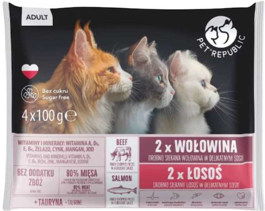 Pet Republic Wet Cat Food for Adult Cats in Pouches with Beef Meat Salmon and Fish Grain Free 36x100gr