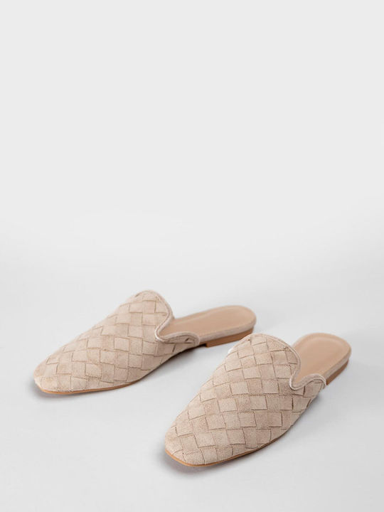 Pantofi Mules Dama Flat Din Catifea Bej