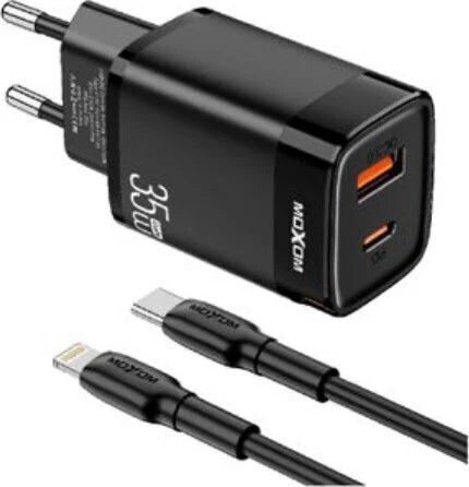 Moxom Charger with USB-A Output Port and USB-C Output Port and USB-C - Lightning Cable 35W Black MX-HC243