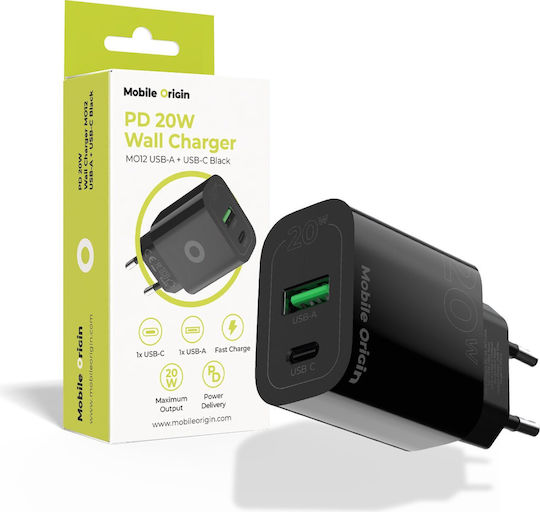 Mobile Origin Charger Without Cable with USB-A Port and USB-C Port 20W Power Delivery Black (MO12)