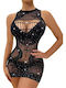 Roza Rz60241z Sexy Mesh Mini Bodystocking Dress Rhinestones Black One Size