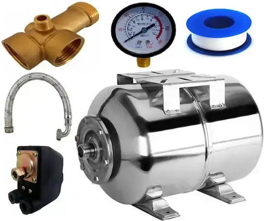 Kit Hydrofor 24 L Oțel Inoxidabil Include Comutator De Presiune Manometru Conector Din Bronz Cu 5 Căi Furtun Din Oțel Inoxidabil 60 Cm Cot Cobi Smart
