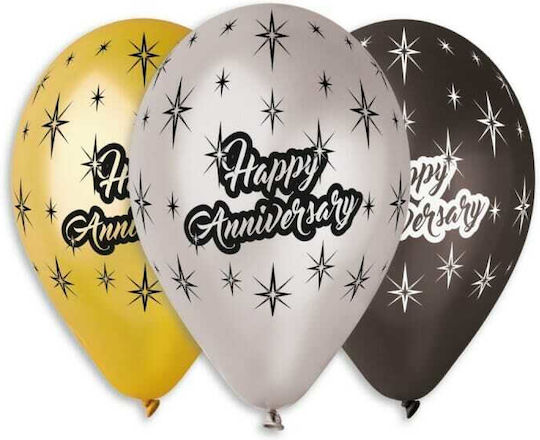 Μπαλόνι Λάτεξ Happy Anniversary 13″ Τμχ Ασημί & Ανθρακί Συσκ 5 Τμχ