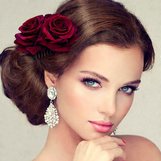 Twin Roses Hair Flowers Comb Bordeaux