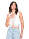 Women's Summer Crop Top Linen Sleeveless with V-Neckline Floral White