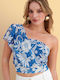 Γυναικείο Crop Top με έναν Ώμο Floral Μπλε