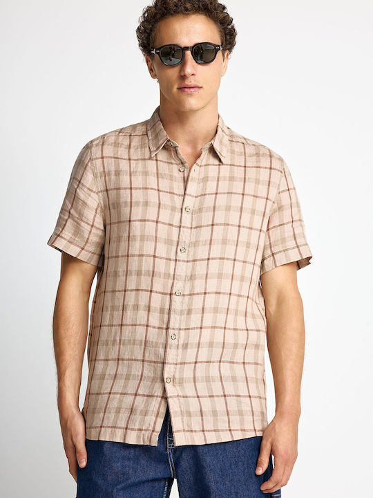 Funky Buddha Short Sleeve Linen Checked Brown S...