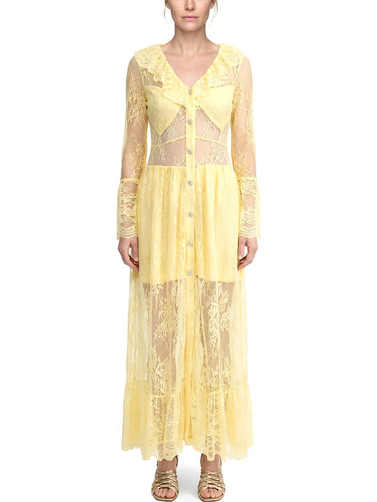 Dress Women Maxi Wedding Christening with Lace Yellow