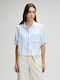 Short Sleeve Women's Linen Shirt Light Blue Striped
