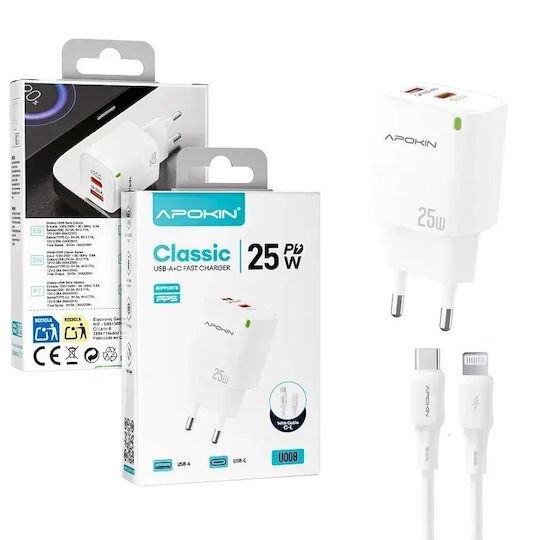 Apokin Charger with USB-A Port and USB-C Port and USB-C - Lightning Cable 25W Power Delivery / Quick Charge 3.0 White