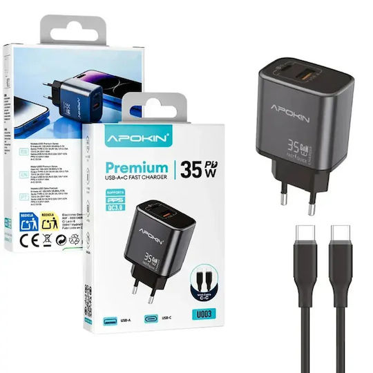 Apokin Charger with USB-A Port and USB-C Port and USB-C - USB-C Cable 35W Power Delivery / Quick Charge 3.0 Black