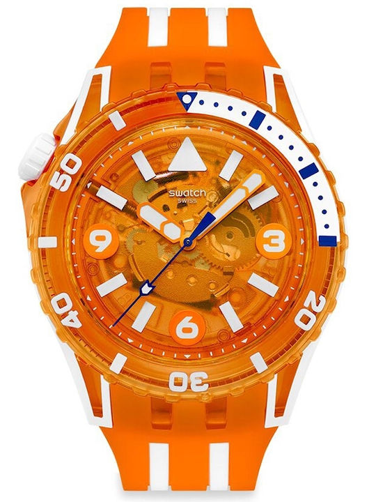 Swatch Sea Ανδρικό Ρολόι Μπαταρίας με Πορτοκαλί Δερμάτινο Λουράκι