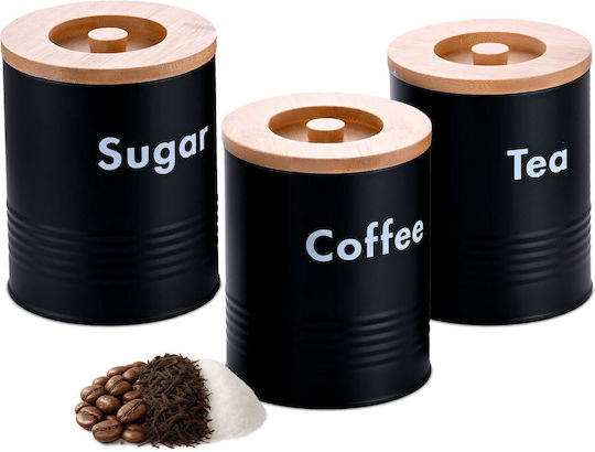 Relaxdays Set of 3 Jars for Coffee Tea Sugar with Wooden Black Lid 1000ml 3 Pieces