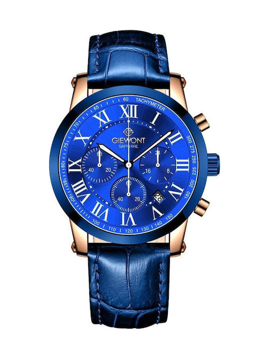 Giewont Herrenuhr 42mm Chronograph Batterie mit Blauem Lederriemen