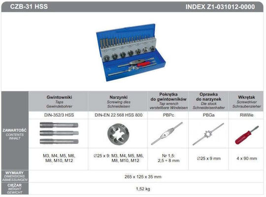 Fanar Taps + Dies Set 31 Pcs M3-m12 Czb-31 Inox