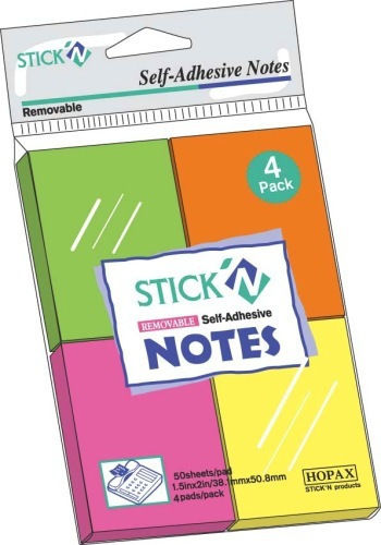 Hopax Notițe Autocolante 38 X 51 Mm Set 4 X 50 Foi Stick'n 4 Culori Fluorescente
