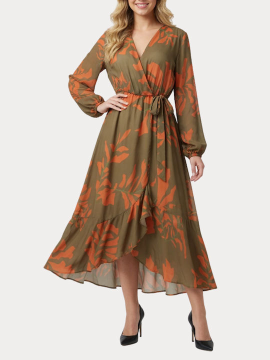New Age Summer Midi Dress Long Sleeve Wrap Orange