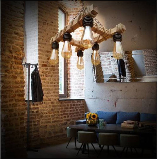Stewehome Handmade Wooden 6 Bulb E27 Ceiling Light Living Room Natural Wood 30 X 50 X 60 Cm