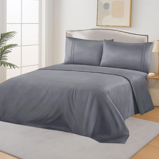 SpitiBazaar Set Cearceafuri De Pat Super Duble Cu Hugger Din Cauciuc 160x200cm Gri Închis 3 Bucăți