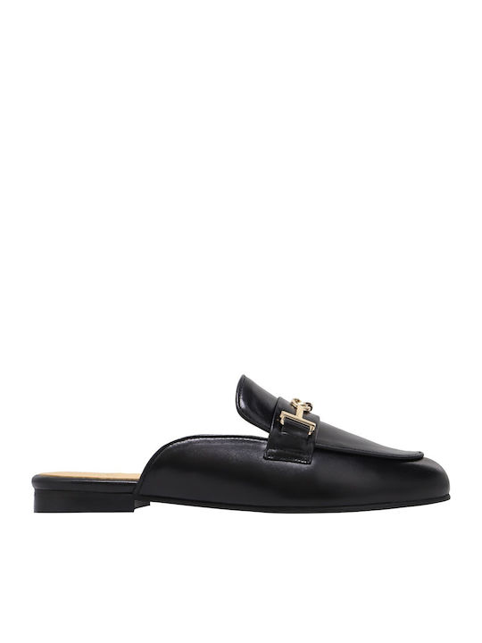 Flat Leather Mules in Black Colour