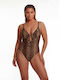 One Piece Swimsuit With Light Padding For Large Bust Animal Print Brown Leopard