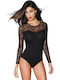 Jadea Black Long Sleeve Bodysuit Tulle Velvet On Sleeves 4870