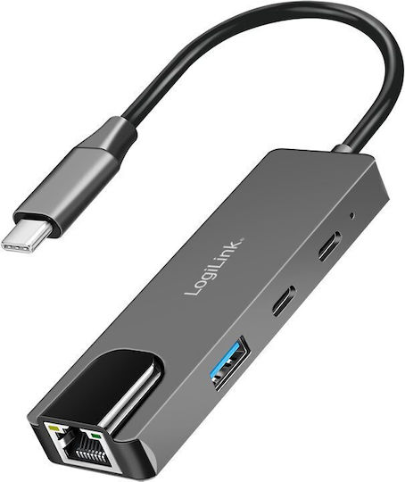 LogiLink Hub USB 3 Porturi USB 3.2 cu Conectare USB-C Ethernet Gri