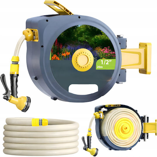 Anvelopă Furtun Grădină Automată Zola Montată pe Perete 20 M 1/2" Sistem de Blocare Retragere Automată 51x26x40 Cm Gri Galben