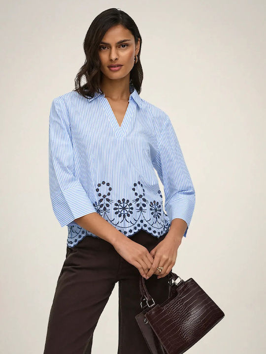 Women's Long Sleeve Blouse with V-Neckline Light Blue