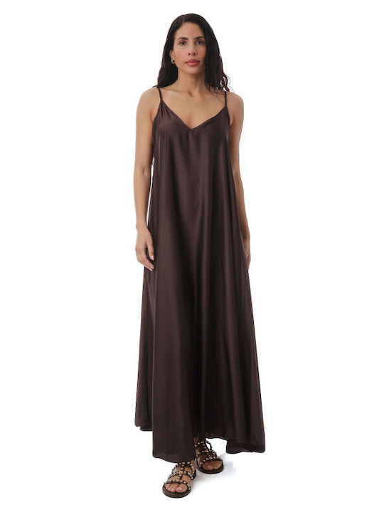 Silia D Summer Maxi Slip Dress Satin Brown