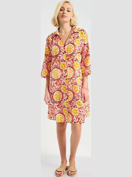 Ble Resort Collection 100% Damenbademode Kaftan Rot Mit Gelben Blumen