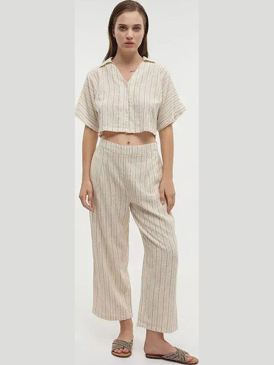 Long Sleeve Women's Shirt Beige Striped