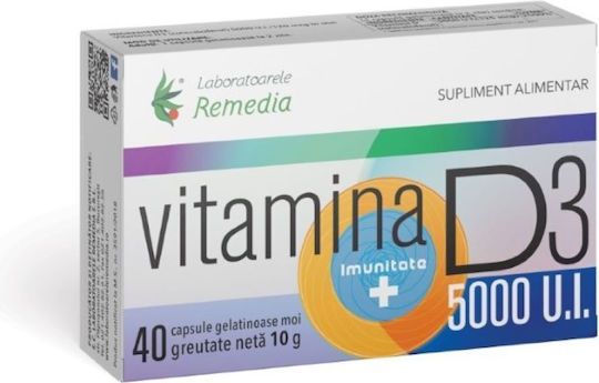 Remedia Vitamina D3 Pentru Susținerea Imunității și Sănătatea Oaselor 5000 UI 40 Capsule Moi