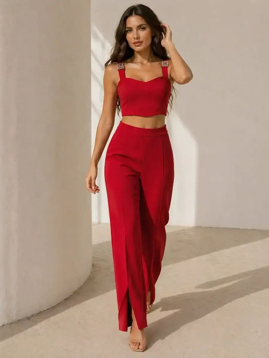 Sateen Set Roșu De Pantaloni Dama Straight Cu Talie Înaltă