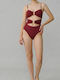 Modern Ocean Damen Sexy Ein Stück Strapless Badeanzug Glänzendes Rot Bordeaux mit Ringen Offen vorne Brazil Summer Collection 5147 Rot Bordeaux