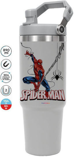 Koupakoupa Spiderman Fly Handled Thermos Stainless Steel 890ml Gray with Straw and Handle