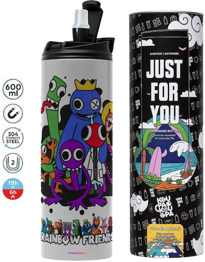 Koupakoupa Rainbow Stainless Steel Thermos Bottle BPA Free 600ml Gray with Straw and Handle