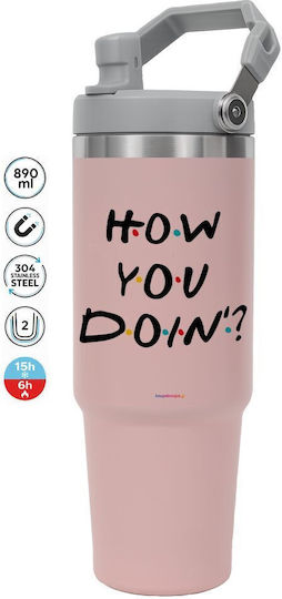 Koupakoupa How You Doin'? Stainless Steel Thermos Bottle 890ml Pink with Straw and Handle