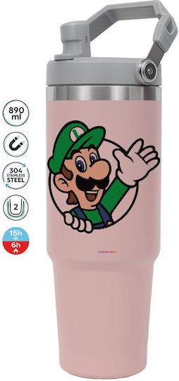 Koupakoupa Win Handled Tumbler Stainless Steel Thermos Bottle 890ml Pink with Straw and Handle