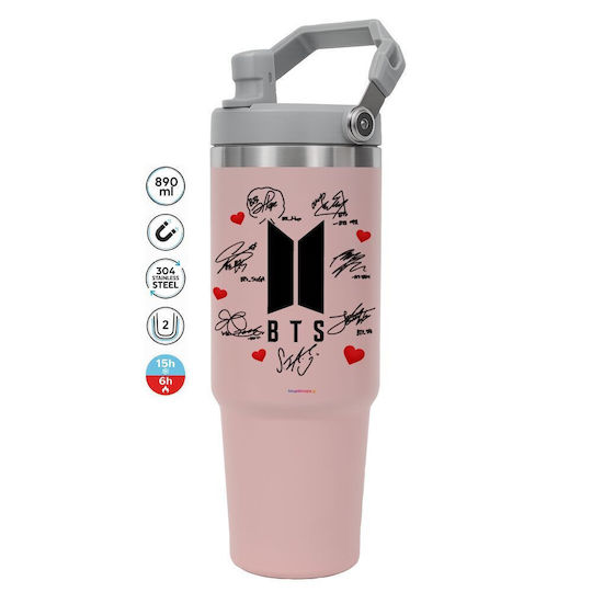 Koupakoupa Bts Signs Pahar Cu Mâner Termos Oțel Inoxidabil 890ml Roz Cu Pai Și Mâner
